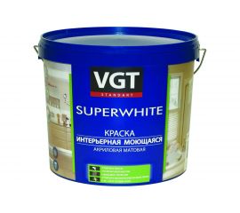 Интерьерная краска VGT SUPERWHITE ВД-АК-1180 моющаяся, акриловая, матовая, база А, 2.5 кг 18327 
