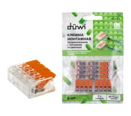 Соединительные монтажные клеммы duwi с рычажком прозрачные СМК 223-414, 2,5мм2, 5 шт. 26614 3 
