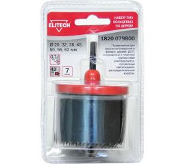 Набор пил кольцевых по дереву (7 шт; 26-62 мм; 42 мм) Elitech 1820.079800 