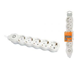 Бытовой удлинитель TDM Люкс УЛ05В выкл, 5 гнезд, 1,5м, ПВС 3х1мм2 16А/250В бело-серый SQ1303-0136 