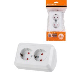 Двойная угловая розетка TDM 2П+З открытой установки с защитными шторками IP20 250В 16А белая "Ладога" SQ1801-0067 