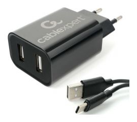 Адаптер питания Cablexpert USB 2 порта, 2.4A, черный + кабель 1м Type-C MP3A-PC-37 