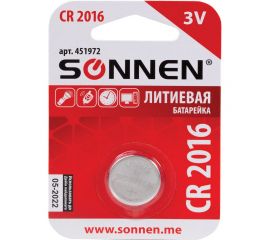 Батарейка SONNEN Lithium, CR2016, 1 шт., в блистере, 451972 