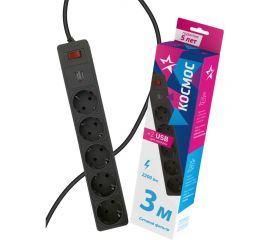 Сетевой фильтр КОСМОС 3м, 5 гнезд, пвс 3x0,75мм2, черный 2 USB FKsm3m-5g(B)USB 