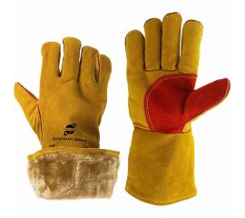 Зимние спилковые пятипалые краги ARCTICUS КРС, желтые, АB класс, искусственный мех, усиленная ладонь и большой палец красным спилком, прошиты нитью Kevlar, р. 10 200540 W-101 