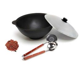 Чугунный казан Davr Metall Узбекский 6 л, плоское дно, с алюминиевой крышкой, с шумовкой, половником и специями КазУз6ЛПШПС 