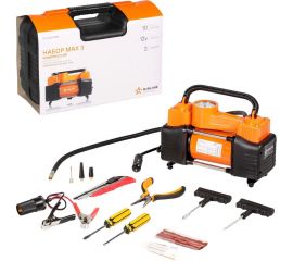 Двухпоршневой компрессор AIRLINE X5 с комплектом инструмента, 2 отвертки, ремкомплект для бескамерных шин, нож, плоcкогубцы CA-020-01NR 