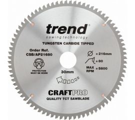 Пильный диск 216 мм 80 зубьев по алюминию и пластику TREND CSB/AP21680 