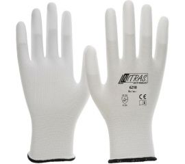 Трикотажные бесшовные нейлоновые перчатки Nitras, белые, ПУ покрытие кончиков пальцев, класс 13G, р.10, 12 пар 6210-1012 