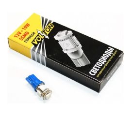 Лампа VOLTON светодиодная, T10, W2.1x9.5d, 12 В, 10 Вт, 5SMD, для габаритов/повторителей, голубой VLT-C025B-5SMD 