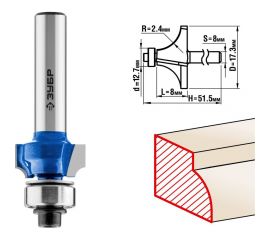 Кромочная калевочная фреза ЗУБР Профессионал №1, 17.3x8 мм, радиус 2.4 мм 28701-17.3 