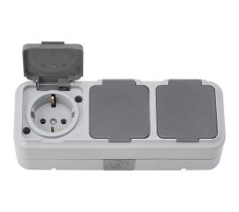 3-местная розетка Bylectrica ОУ с с заземлением, IP54, серия ПРАЛЕСКА АКВА, серый, РА16-0132(03) 