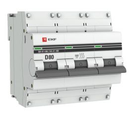 Автоматический трехполюсный выключатель EKF 80А D ВА47-100 10кА PROxima mcb47100-3-80D-pro 8465397 