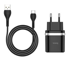 Зарядное устройство Hoco c12Q Smart QC3.0, кабель Type-C, один порт USB, 5V, 3.0A, черный 820516 