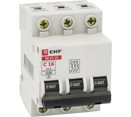 Автоматический трехполюсный выключатель EKF 16А С ВА47-29 4.5кА mcb4729-3-16C 5914342 