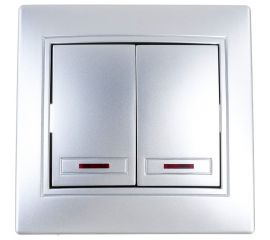 Двойной выключатель с подсветкой Intro 10А, 250В, IP20, СУ, Plano алюминий Б0030046 