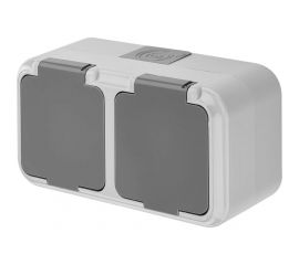 Розетка Bylectrica 2-местная, открытая установка, с заземляющим контактом, со шторкой IP54, серия ПРАЛЕСКА АКВА, серый, РА16-103 03 