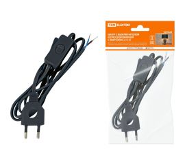 Шнур с выключателем и плоской вилкой с вырезом TDM ШУ03В ШВВП 2x0,75мм2, 2 м. черный SQ1305-0022 