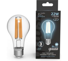 Лампа Gauss Filament А70 22W 2100lm 4100К Е27 LED 1/10/40 102902222 
