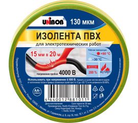 Изолента ПВХ UNIBOB 15 мм х 20 м, желто-зеленая 211766 