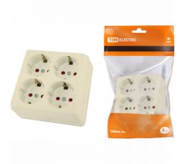 Четырехместная розетка TDM 2П+3 открытой установки IP20 16A с защитными шторками слоновая кость Ладога SQ1801-0223 