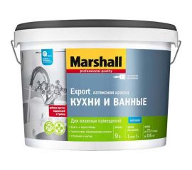 Латексная краска для влажных помещений MARSHALL КУХНИ И ВАННЫЕ, матовая, база BW, 9 л 5316072 