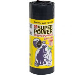Пакеты для мусора SUPER POWER 60 л, 10 шт в рулоне GRIFON 101-090 