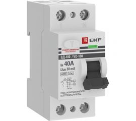 Устройство защитного отключения EKF ВД-100, 2P, 40А, 30мА, тип АС, электромеханическое, 6кА, PROxima elcb-2-6-40-30-em-pro 