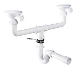 Прямоточный сифон ORIO двойной, одноуровневый, с разрывом потока струи 1 1/2x40мм с приемн. воронками D-113мм,креп. компл. и перех. труб. 40x40/50мм RS-41098 