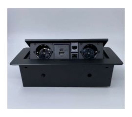 Выдвижной встраиваемый блок розеток Inrior выдвижная розетка, на 2 EURO розетки, 2 RJ45 и 2 USB-A+C, черный, TORO-55-20 