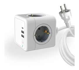 Удлинитель ROCKETSOCKET Cube Extended 4 Euro 16A, 3 USB 2A+C с блоком 5В/3.0А, кабель 1,5 м цвет серый GNS1405 