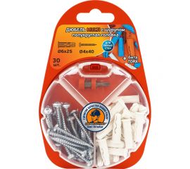 Дюбель ЕВРОПАРТНЕР MULTI plug 6x25 + шуруп MULTI универсальный, полукругл. головка, ZN, 4x40 + бита TX RB2 0135 