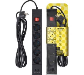Сетевой фильтр duwi 5 гнезд с/з ПВС 3*0,75 черный 3м, с детскими защитными шторками, 2USB 32593 2 