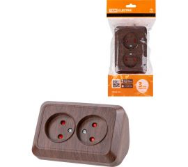 Двойная угловая розетка TDM 2П открытой установки с защитными шторками IP20 250В 10А бук "Ладога" SQ1801-0342 