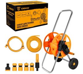 Набор для полива DEKO DKI025 катушка на колесах, шланг усиленный 1/2 25 м + 2 м, насадка для полива, коннекторы, 9 предметов 065-0463 