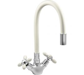 Смеситель для мойки Juguni двуручный с гибким силиконовым изливом (белый), креп. гайка, 0402.140 