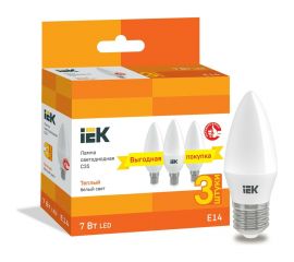 Лампа IEK LED C35 свеча 7Вт 230В 3000К E14 3шт/упак LLE-C35-07-230-30-E14-3 
