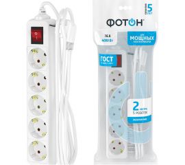 Сетевой удлинитель 1х5, 2м, 16А, с заземлением и выключателем, белый ФОТОН 16-25ЕS 21207 