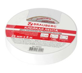Клейкая двухсторонняя лента BRAUBERG 25 мм х 8 м, на вспененной основе, 1 мм, прочная 600487 
