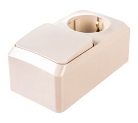 Блок 1-местная розетка + 1-клавишный выключатель Schneider Electric открытой проводки Этюд с заземлением защитные шторки кремовый BPA16-201K 