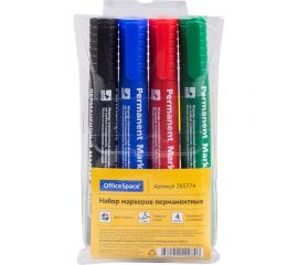 Набор перманентных маркеров OfficeSpace 8004 4цв., пулевидный, 2мм, чехол с европодвесом 265774 