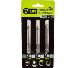 Набор сверл твердосплавных по кафелю и стеклу 3 шт, 5, 6, 8 мм, шестигранный хвостовик On 14-21-763 