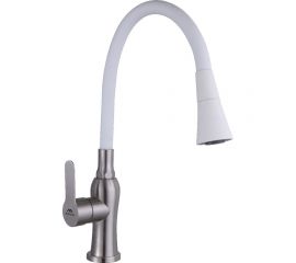 Смеситель для кухни FASHUN H=425 мм, сатин, белый, сталь SUS304, картридж D=35 мм, гибкий силиконовый излив, H=234 мм A54801+N7356 