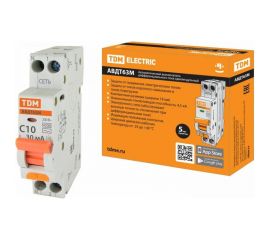 Автоматический выключатель дифференциального тока TDM АВДТ 63М, 2P 1P+N, C10, 30мА, 4,5кА, тип АС SQ0202-0059 