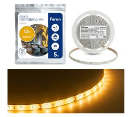 Cветодиодная LED лента FERON 60SMD(3528)/м, 4.8 Вт/м, 5м, IP65, 12V, желтый LS604 27674 