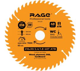 Диск пильный Universal 216 мм (8 1/2”), Z40, посадка 30+25.4/20/16 мм rage by VIRA 594235 