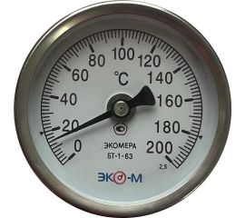 Биметаллический термометр ЭКО-М ЭКОМЕРА БТ-1-63, 0-200С, L=40 БТ-1-63-200С-L40 