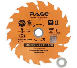 Диск пильный Fast cut 190 мм (7 1/2”), Z18, посадка 30+20/16 мм rage by VIRA 594231 