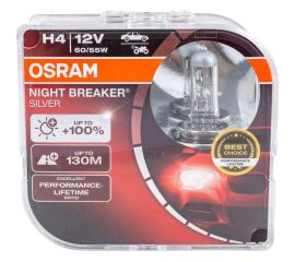 Автолампа, евробокс, 2шт. OSRAM H4 60/55 P43t+100% NIGHT BREAKER SILVER 12V /1/10 64193NBS-HCB 