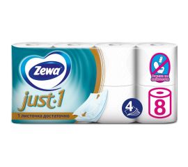 Туалетная бумага ZEWA Just 1 4-х слойная, 8 рулонов, 8x12 м, белая 144120 113846 